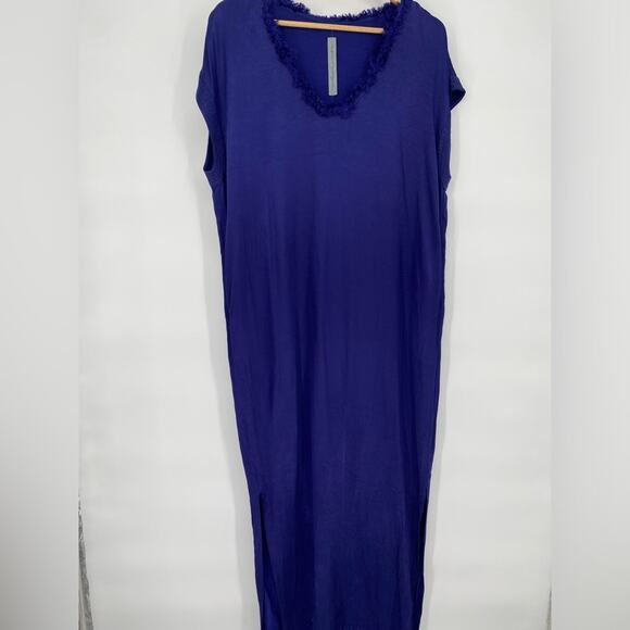 Raquel Allegra Dress Maxi Purple Blue Cap Sleeve V Neck Rayon Maxi Large - Picture 1 of 7